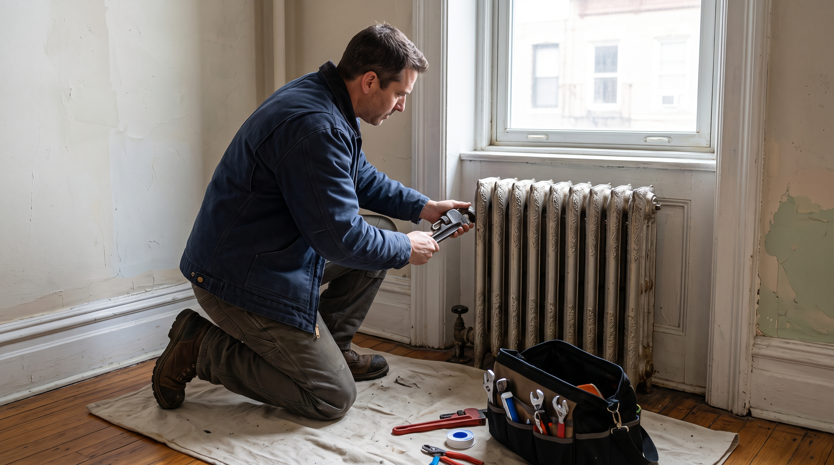 Plumber using a pipe wrench to service and repair a pipe valve in Queens.